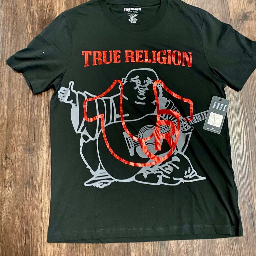 True Religion Black and Red Short Sleeve Tee with Graphic Design